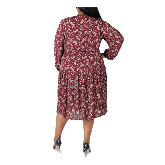 SIGNATURE BY ROBBIE BEE Womens Burgundy Tie Crinkle Sleeve Midi Dress Plus 3X - Picture 2 of 4